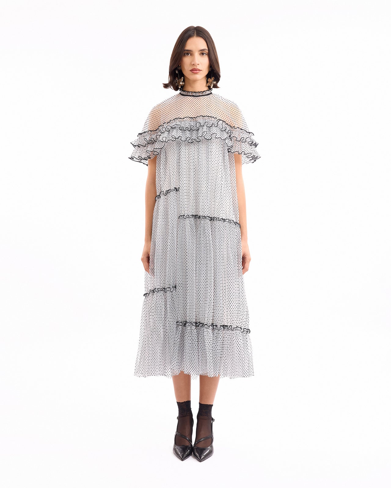 Dotted Midi Dress with Ruffle Cape