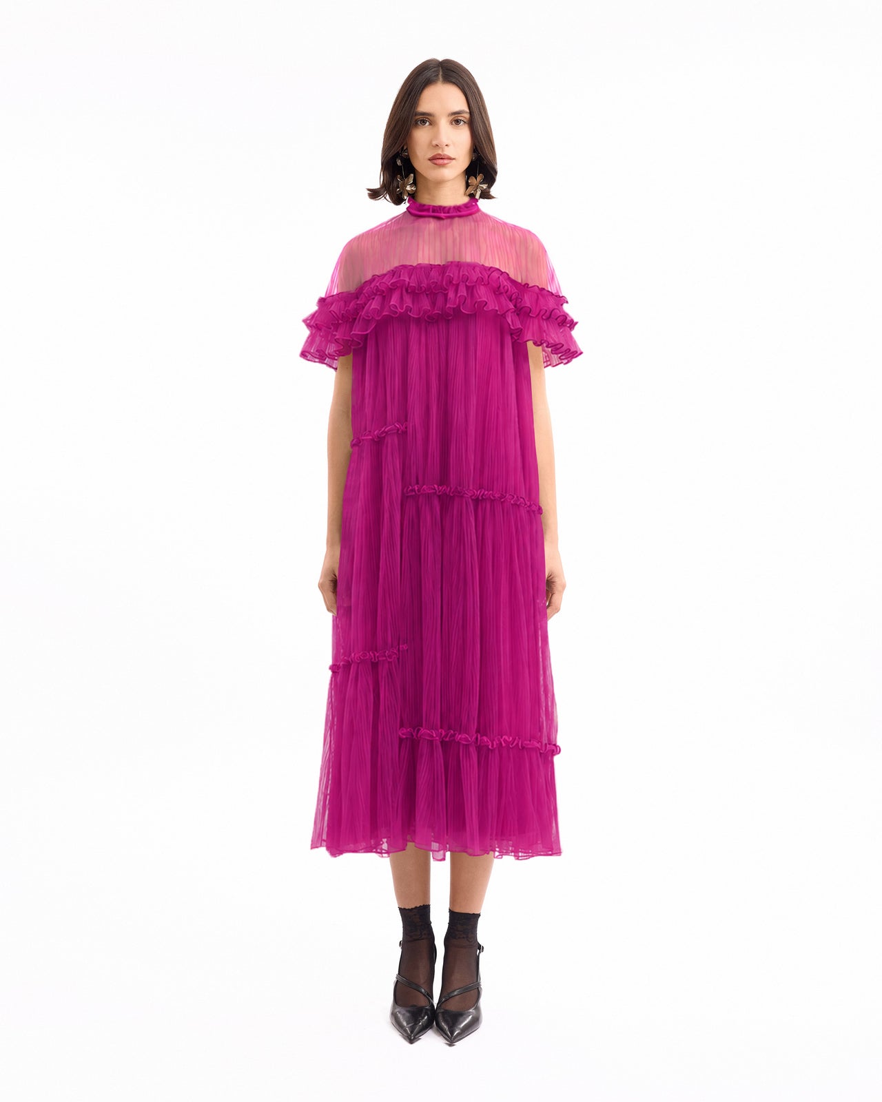 Pleated Midi Dress with Ruffle Cape
