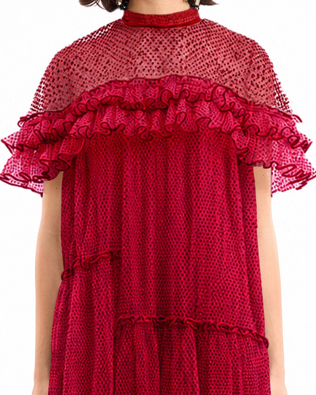 Pleated Midi Dress with Ruffle Cape