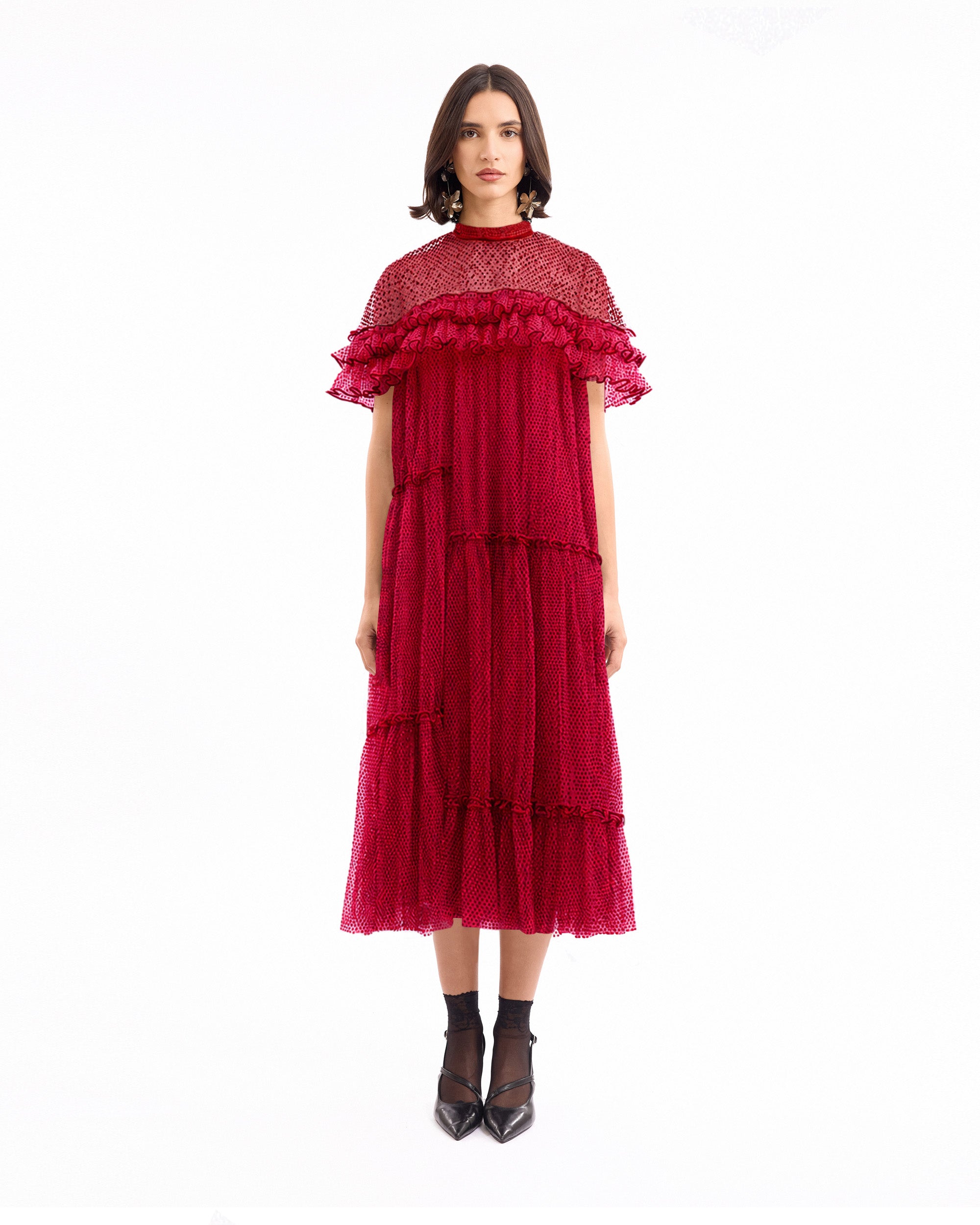Pleated Midi Dress with Ruffle Cape