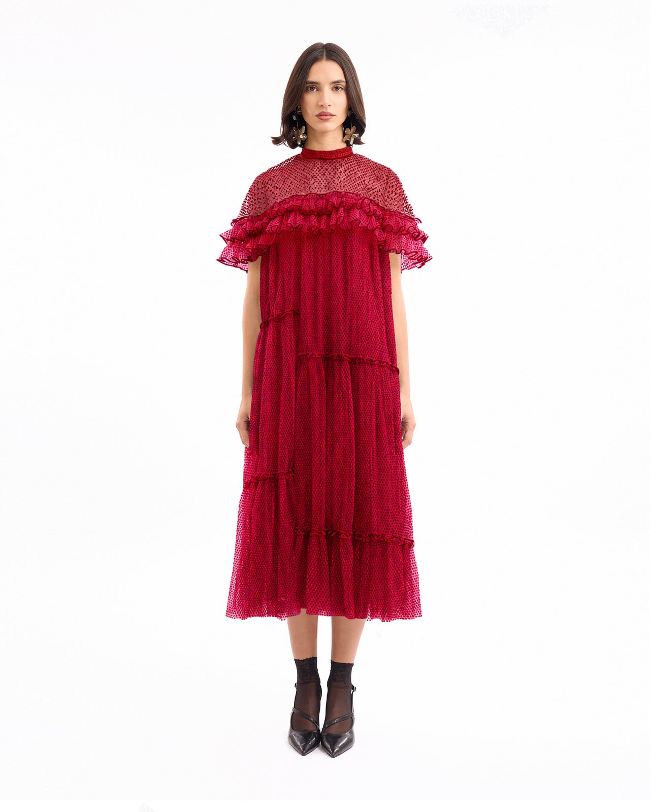 Pleated Midi Dress with Ruffle Cape