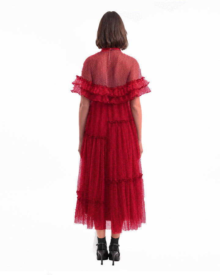 Pleated Midi Dress with Ruffle Cape