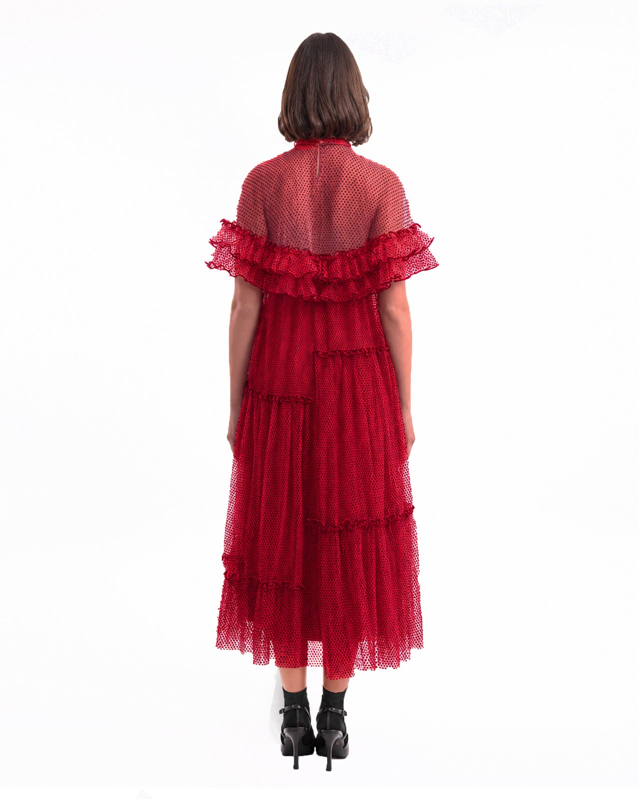Pleated Midi Dress with Ruffle Cape