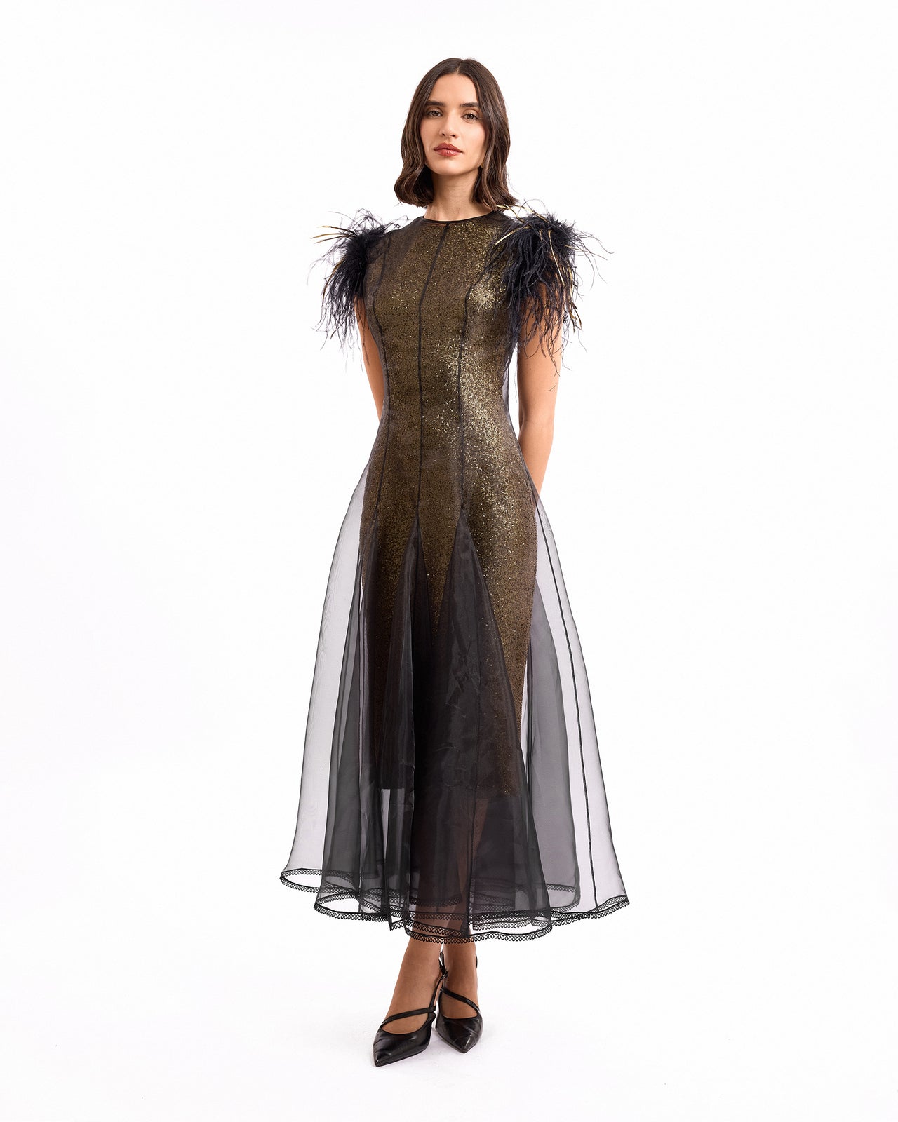 Sequined Midi Dress with Tulle Overdress