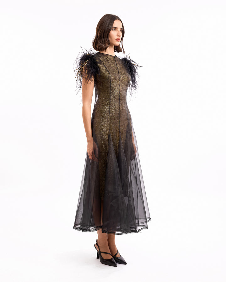 Sequined Midi Dress with Tulle Overdress