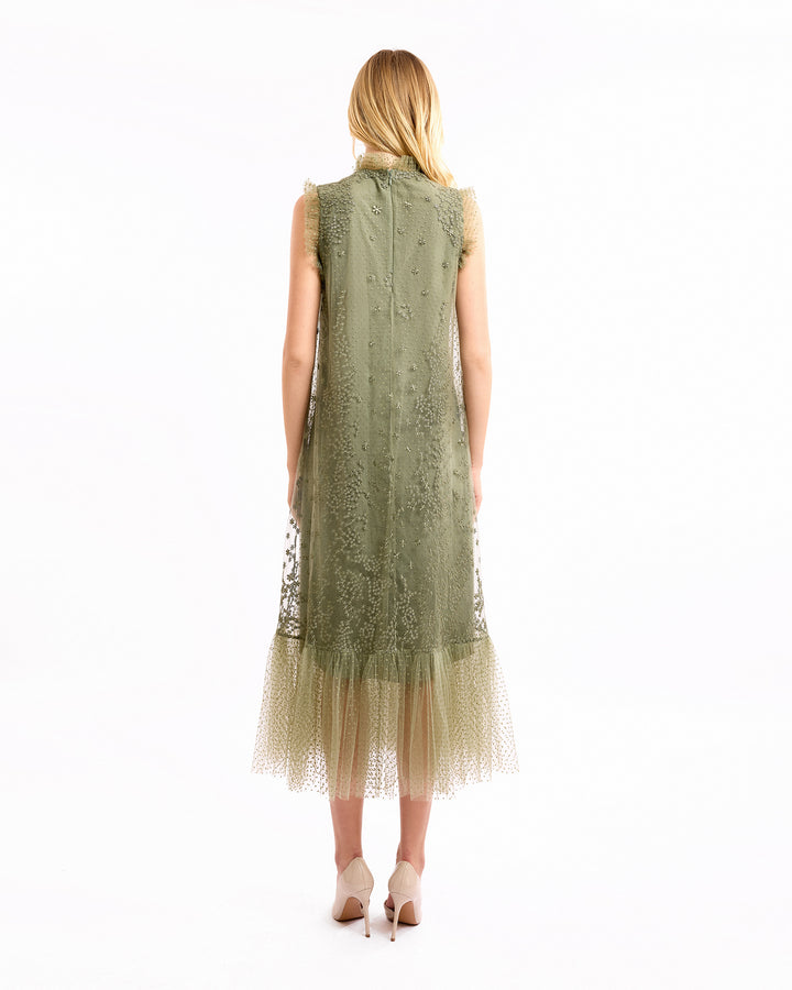 Embroidered Midi Dress with Dotted Tulle