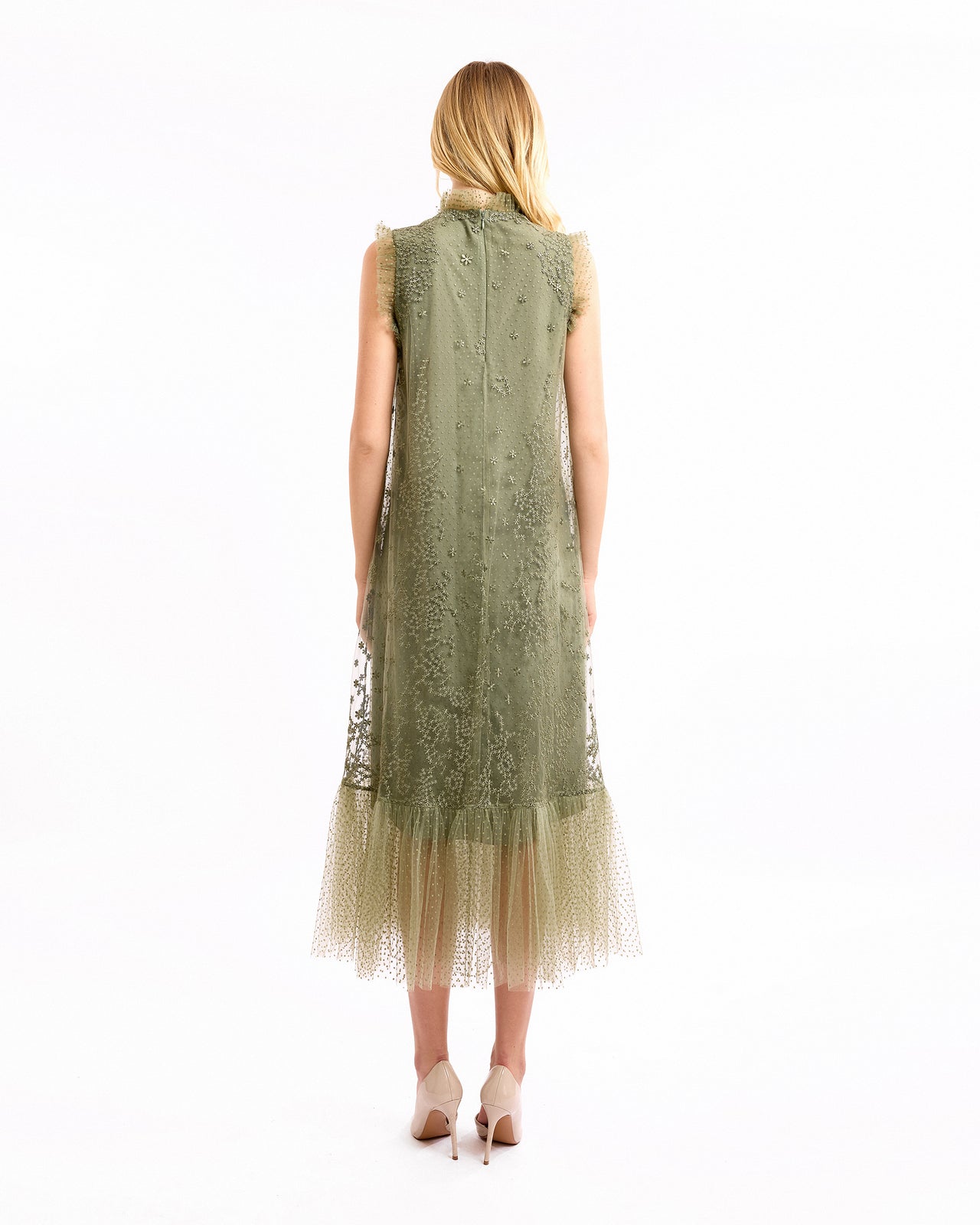 Embroidered Midi Dress with Dotted Tulle