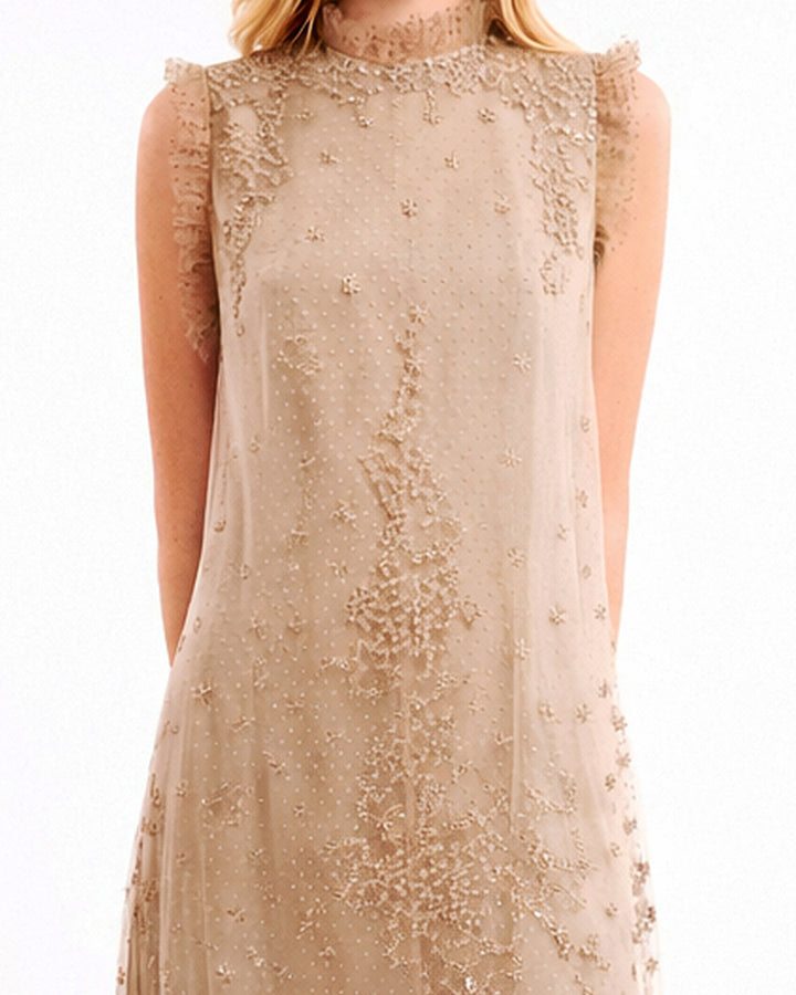 Embroidered Midi Dress with Dotted Tulle