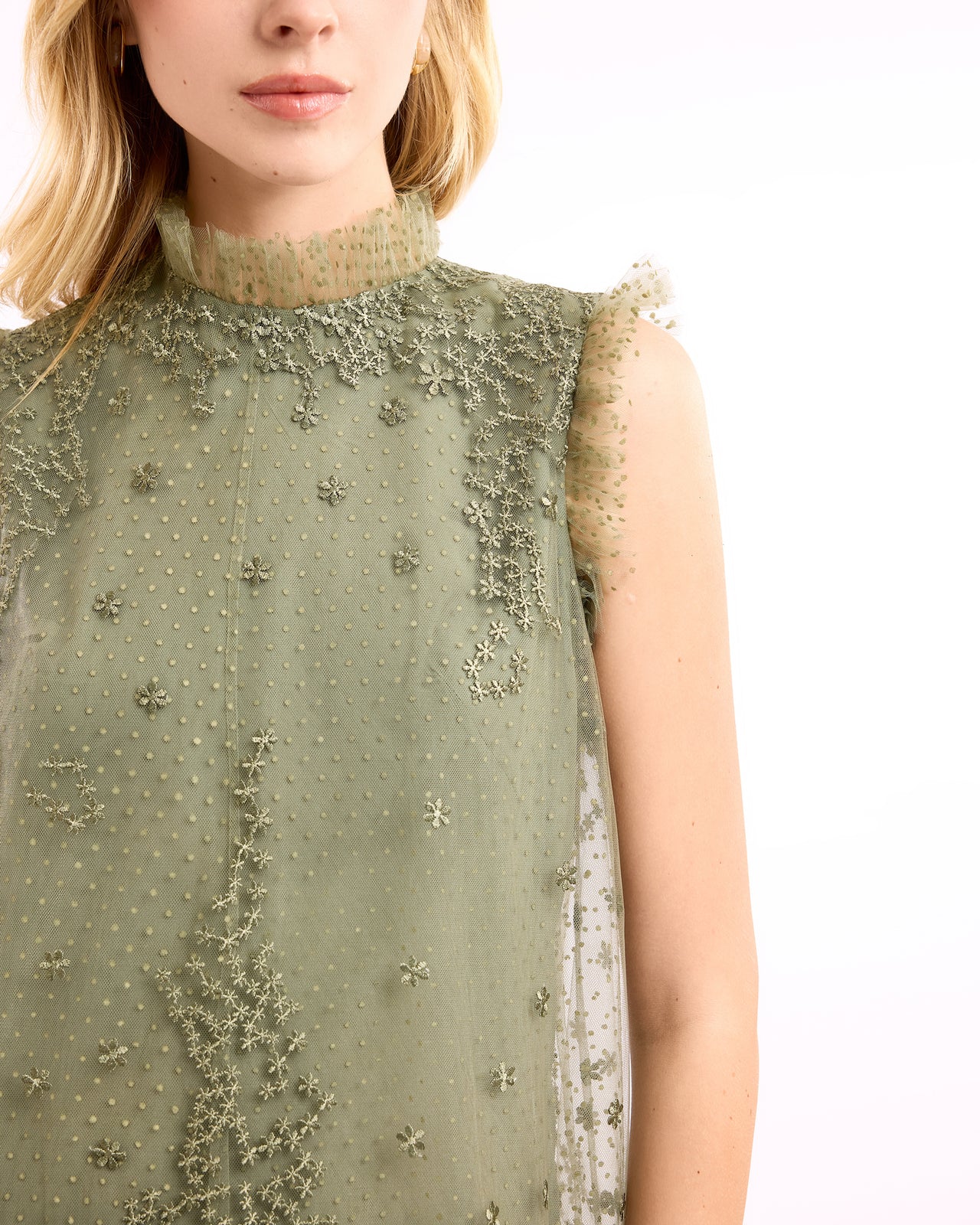 Embroidered Midi Dress with Dotted Tulle