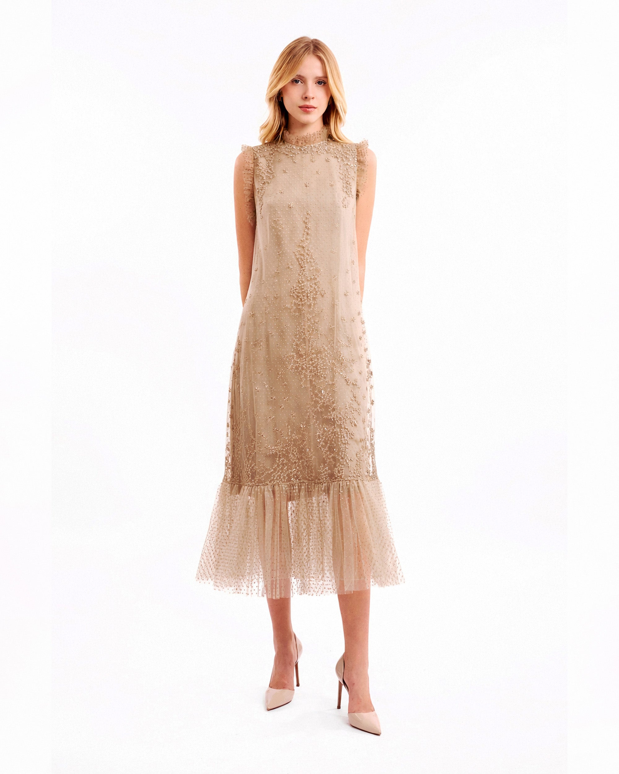 Embroidered Midi Dress with Dotted Tulle