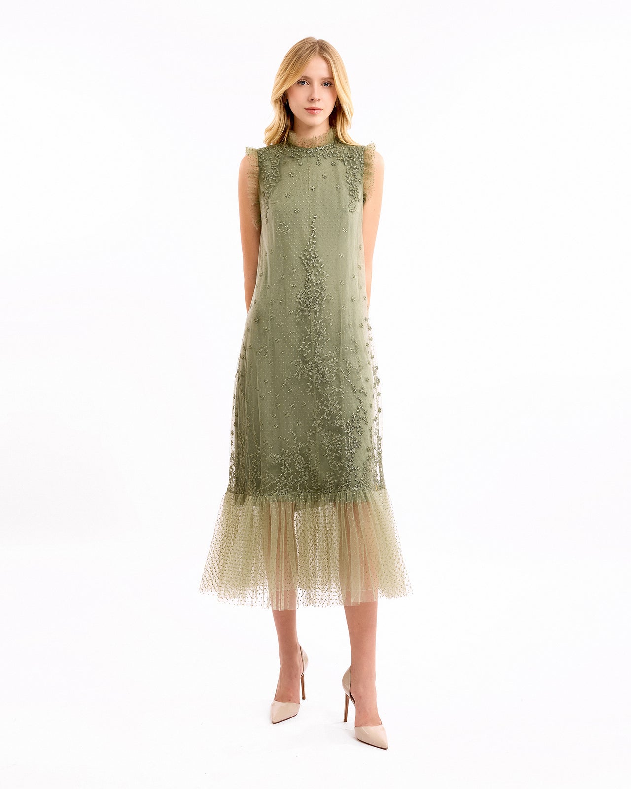Embroidered Midi Dress with Dotted Tulle