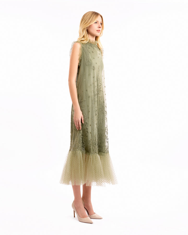 Embroidered Midi Dress with Dotted Tulle