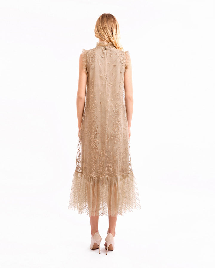 Embroidered Midi Dress with Dotted Tulle