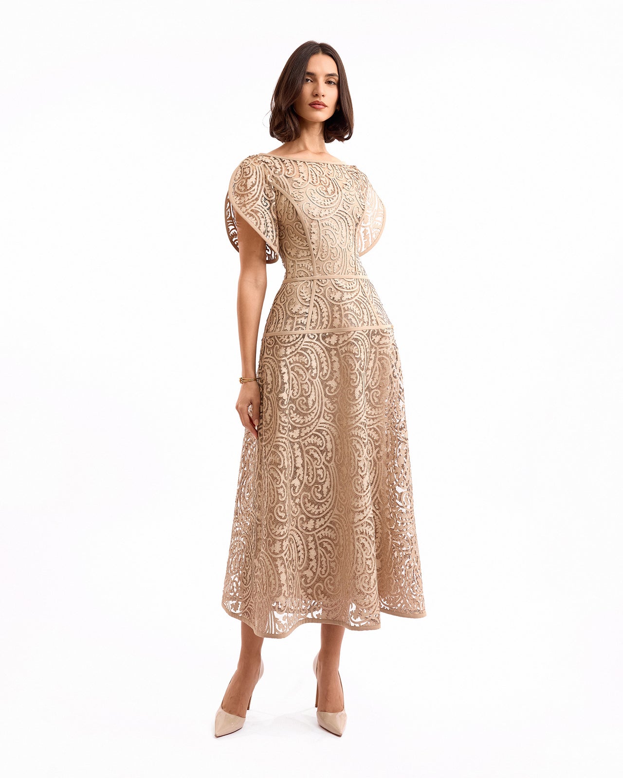 Gemy Maalouf | Ready-to-wear | Midi Dress with Flutter Sleeves Gemy Maalouf | Ready-to-wear | Midi Dress with Flutter Sleeves