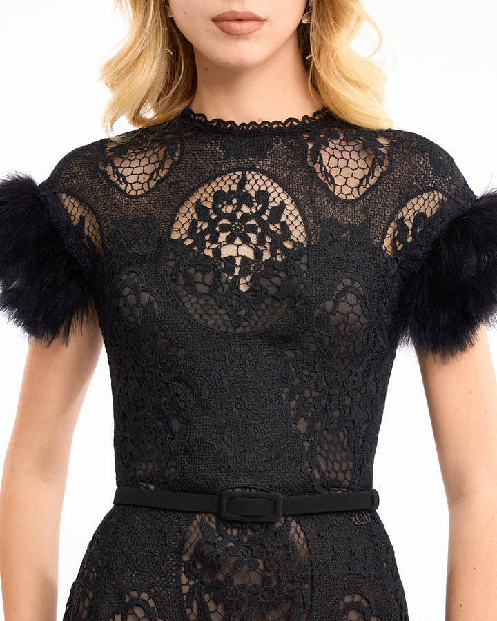 Lace Midi Dress with Feathers
