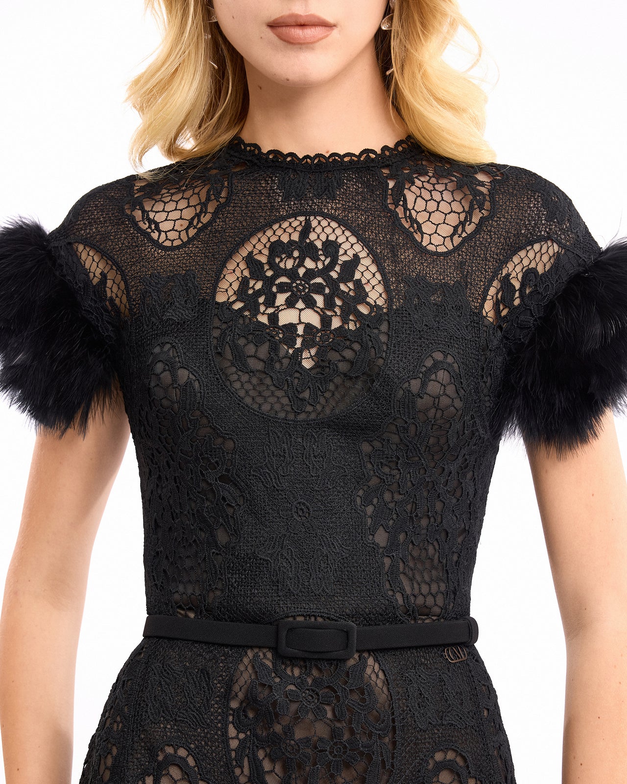 Lace Midi Dress with Feathers