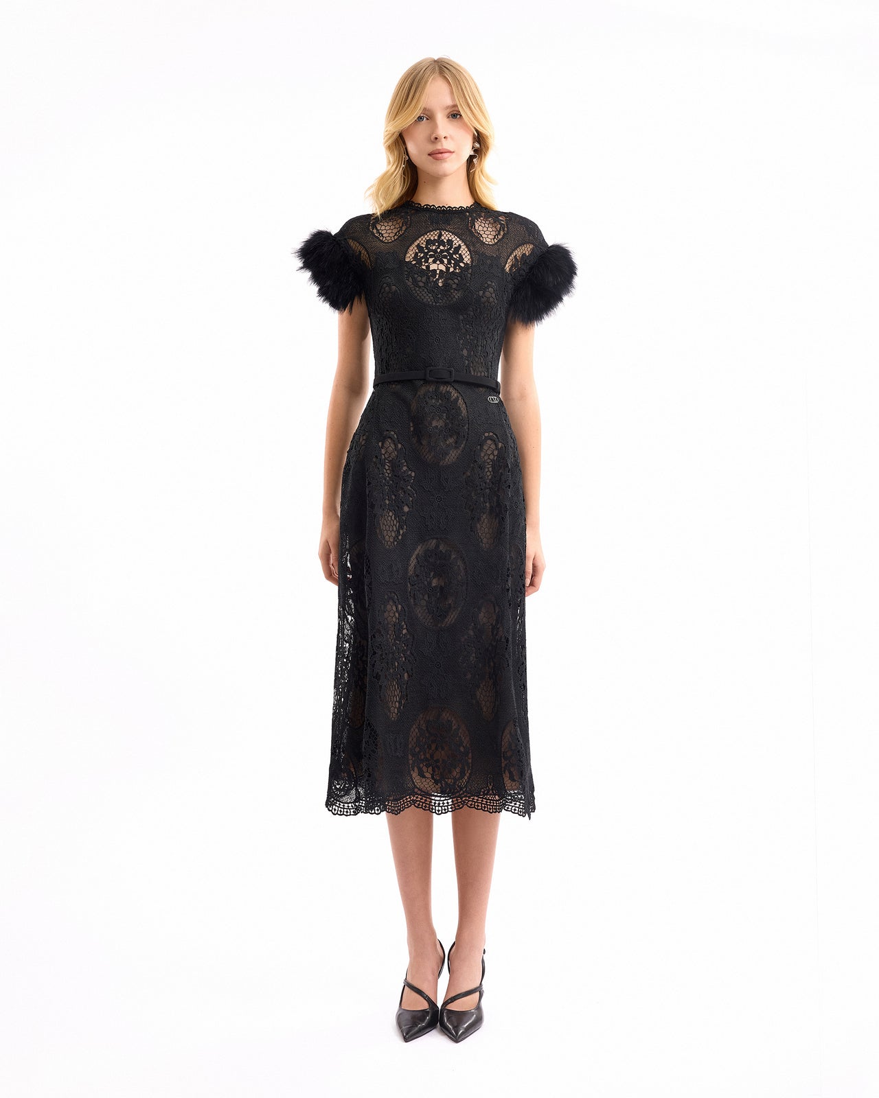 Gemy Maalouf - Gemy Maalouf | Ready-to-wear | Lace Midi Dress with Feathers - Gemy Maalouf - Gemy Maalouf | Ready-to-wear | Lace Midi Dress with Feathers -