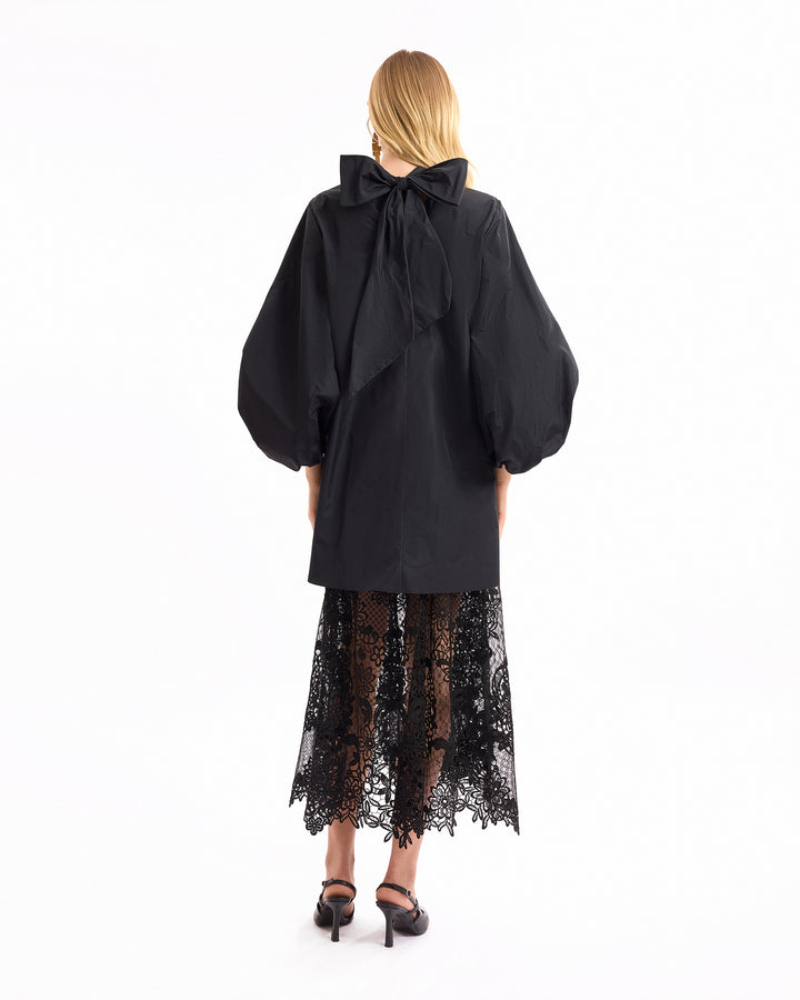 V-Neck Puff Dress with Lace Skirt