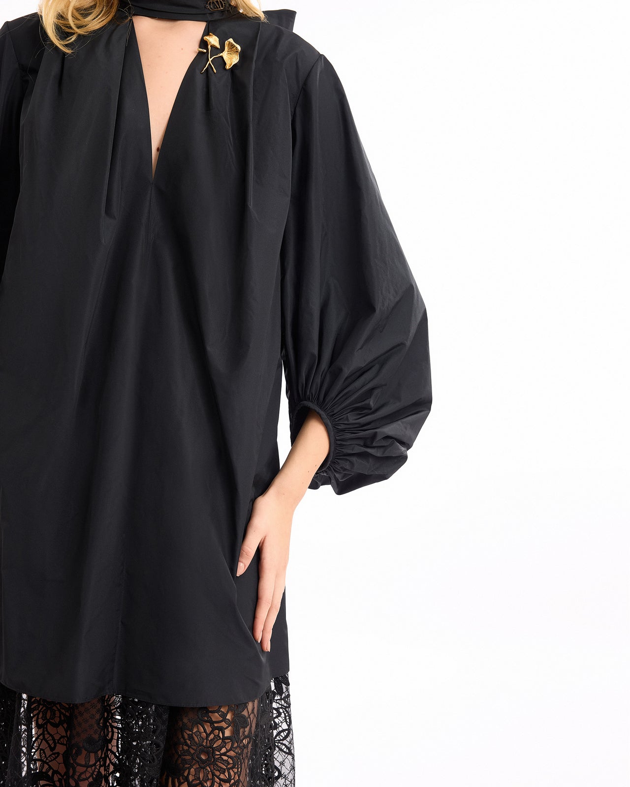 V-Neck Puff Dress with Lace Skirt