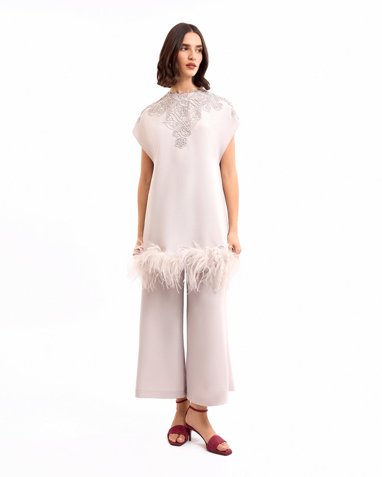 Embroidered Short Dress with Trousers