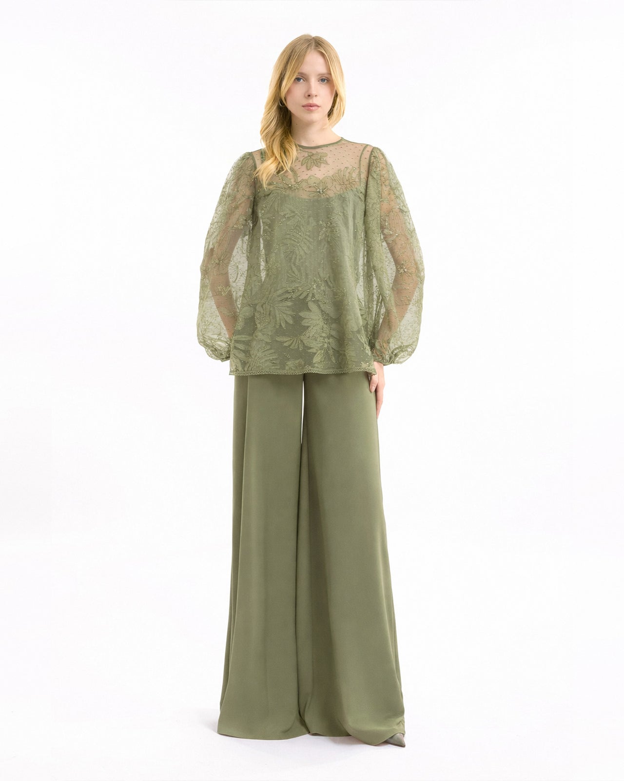 Embroidered Puff Top with Trousers