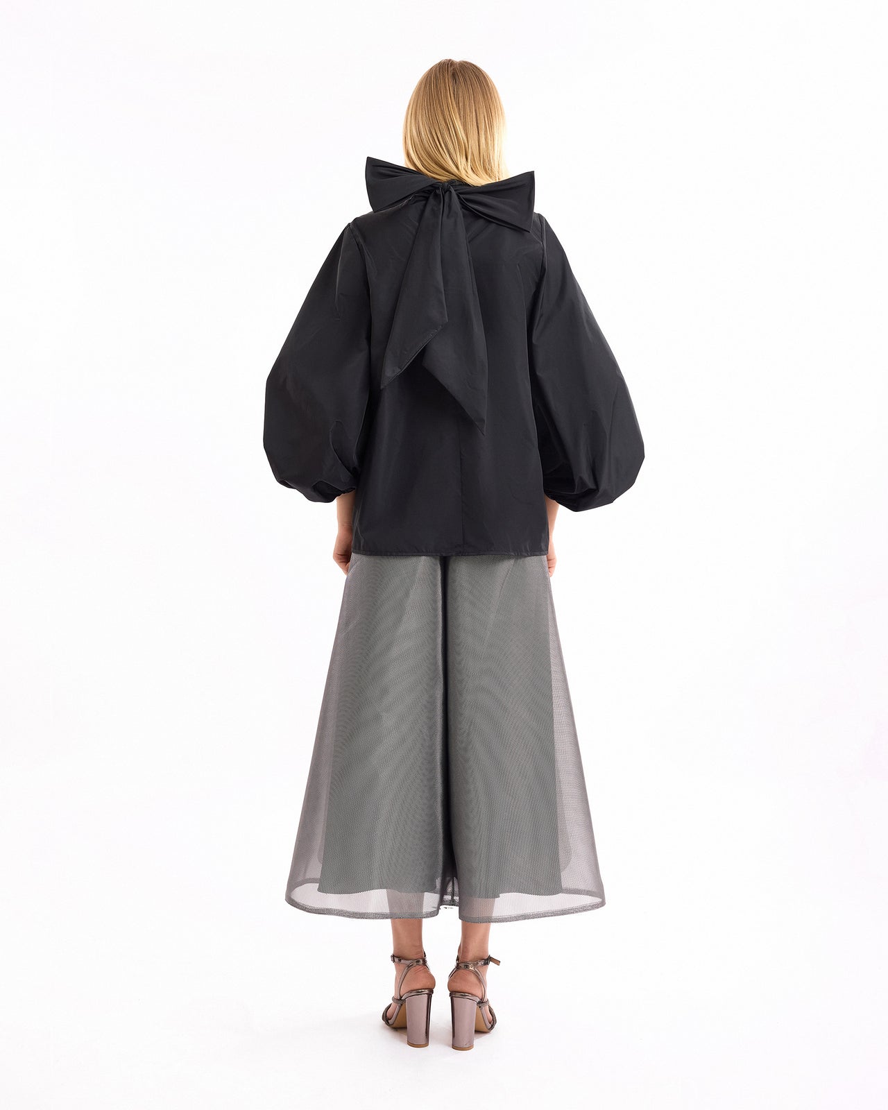 V-Neck Puff Top with Metallic Skirt