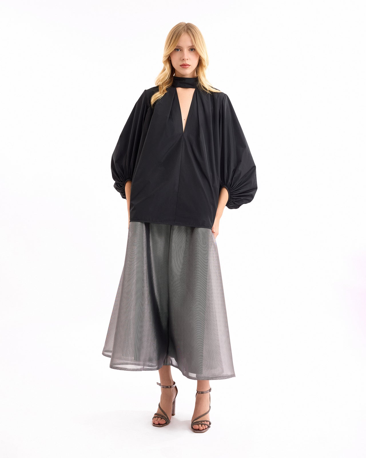 V-Neck Puff Top with Metallic Skirt