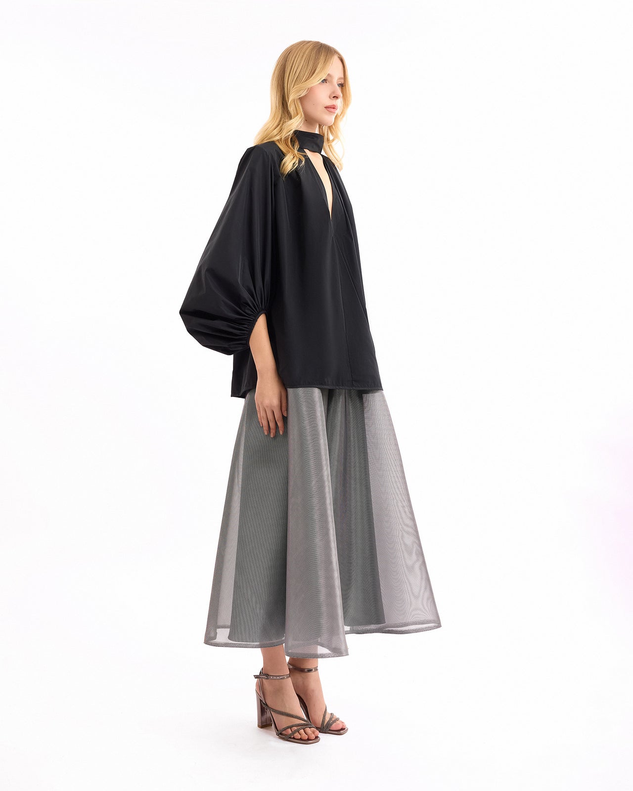 V-Neck Puff Top with Metallic Skirt