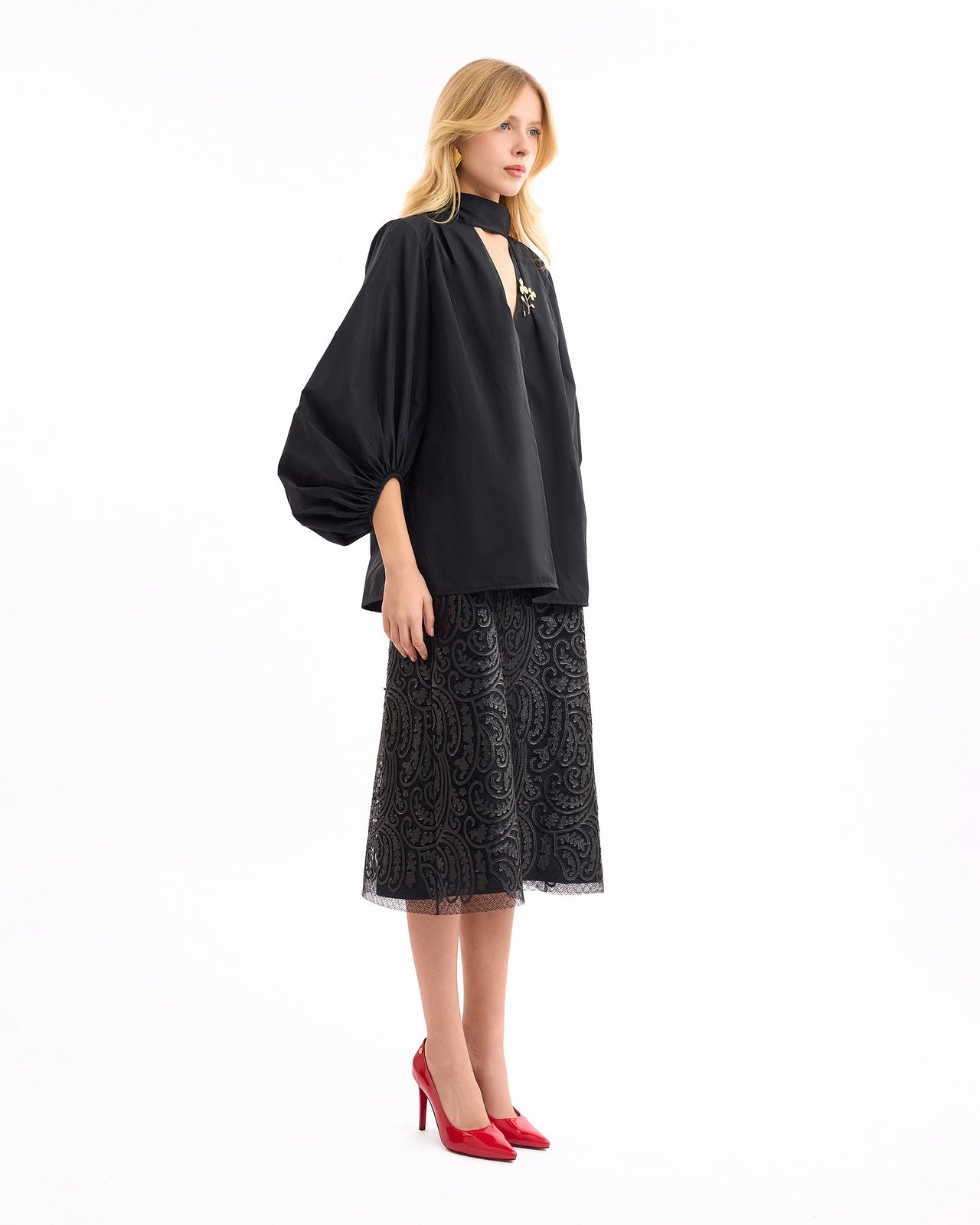 V-Neck Puff Top with Leather Skirt