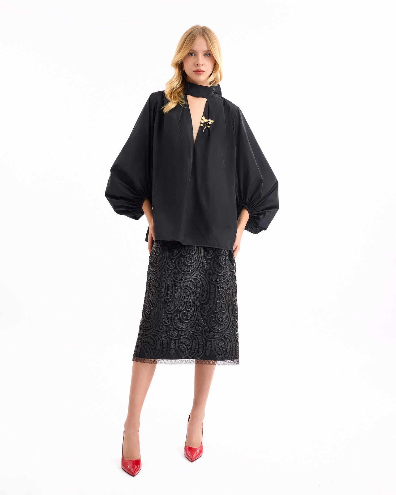 V-Neck Puff Top with Leather Skirt