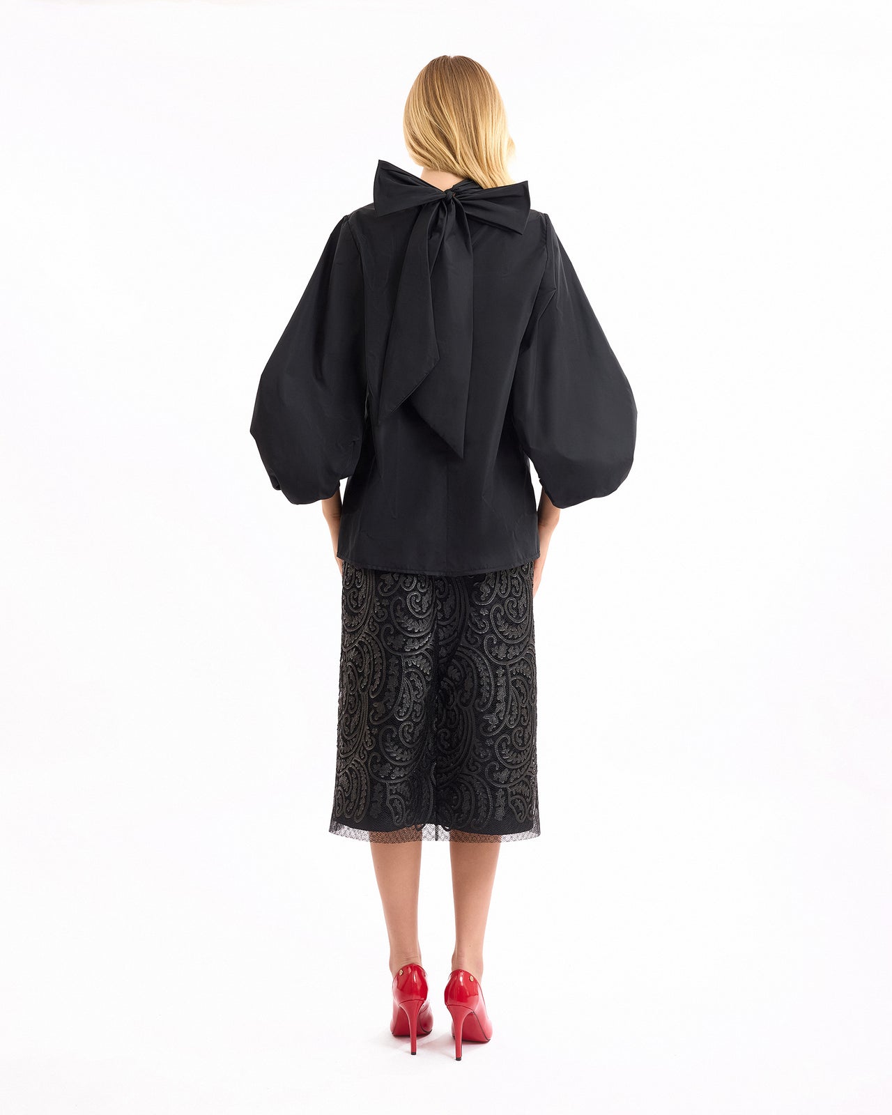 V-Neck Puff Top with Leather Skirt