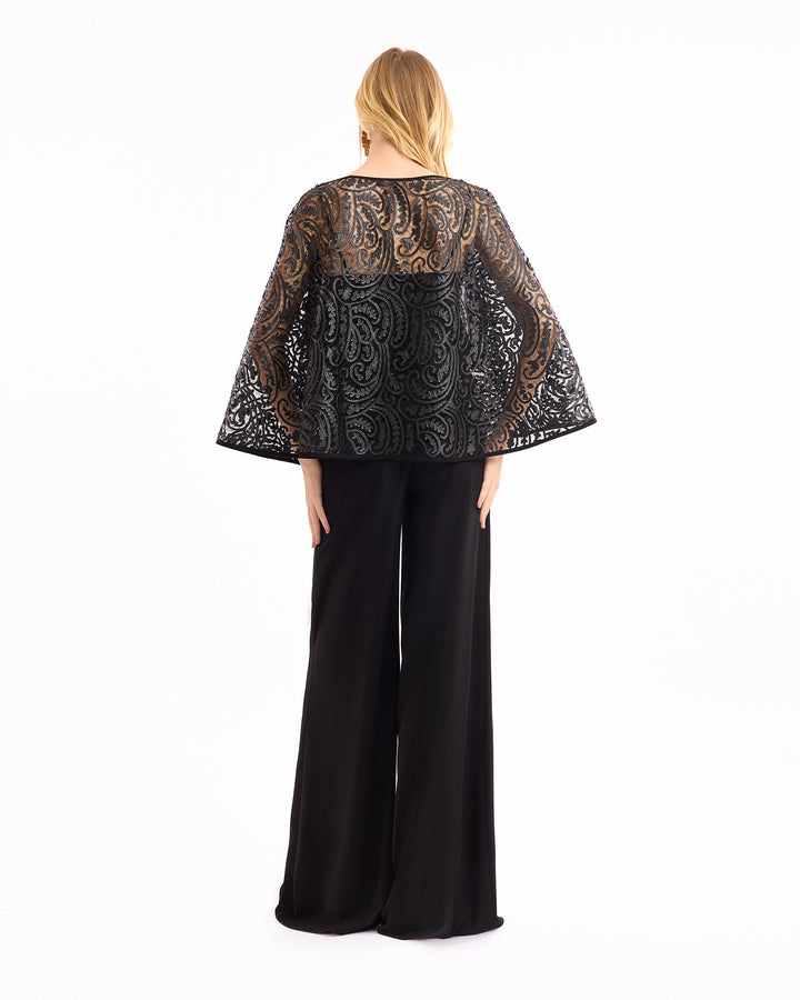 Sheer Leather-Sleeve Top with Trousers