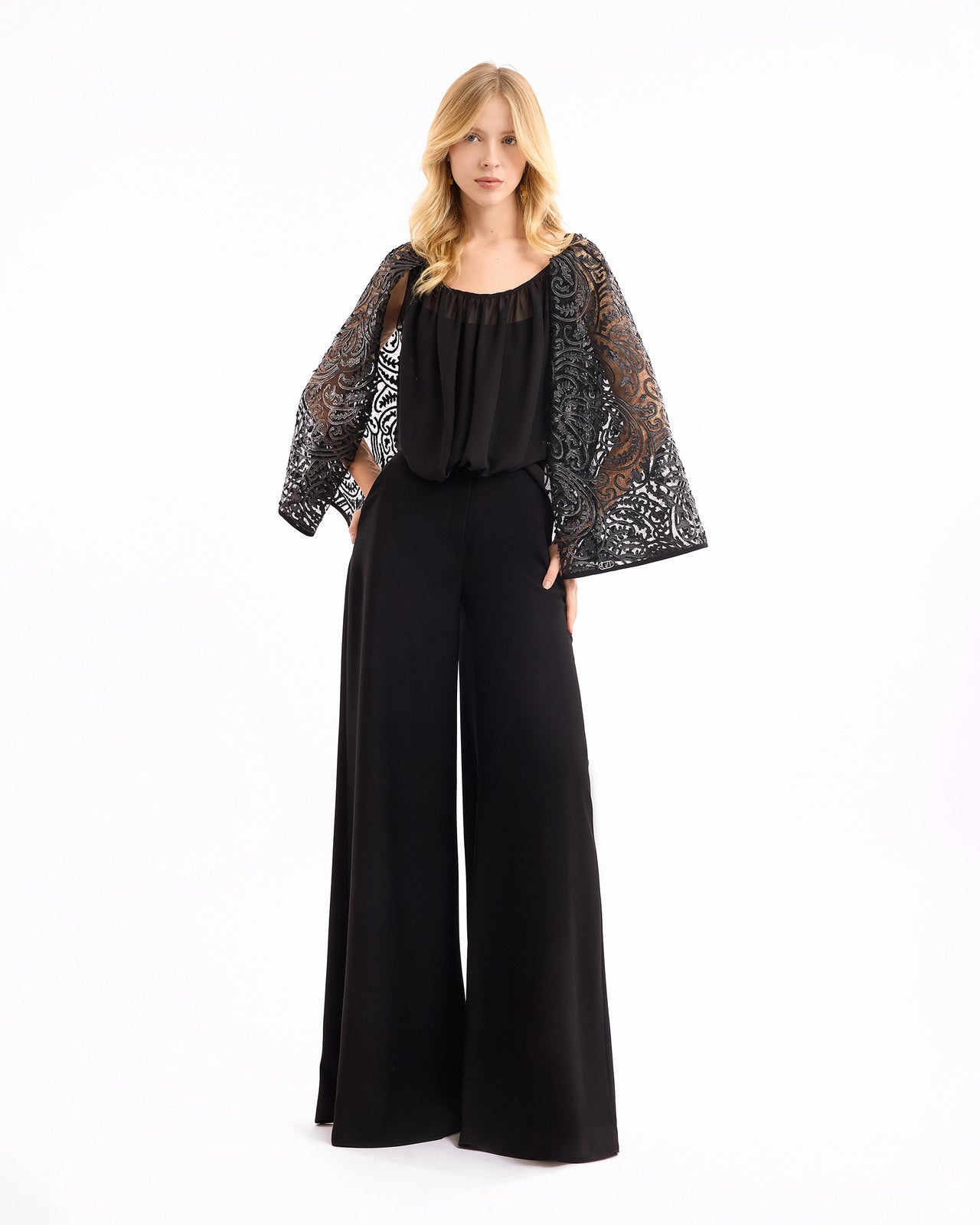 Sheer Leather-Sleeve Top with Trousers