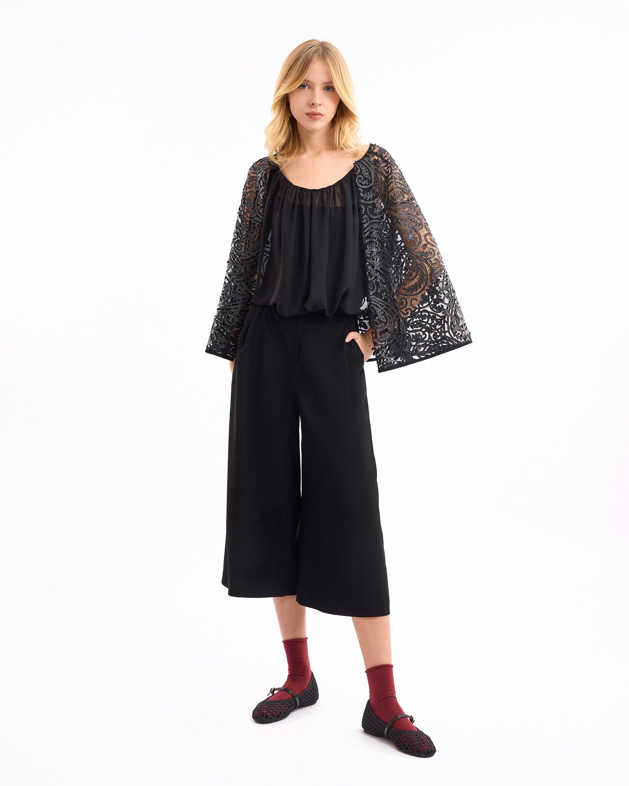 Sheer Top with Cropped Trousers