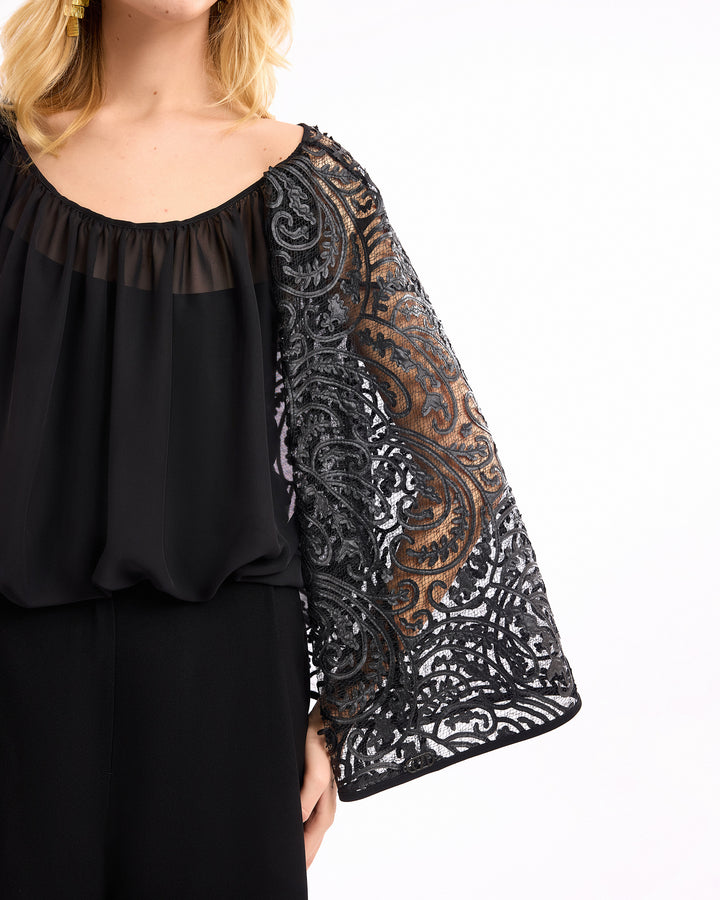 Sheer Top with Cropped Trousers