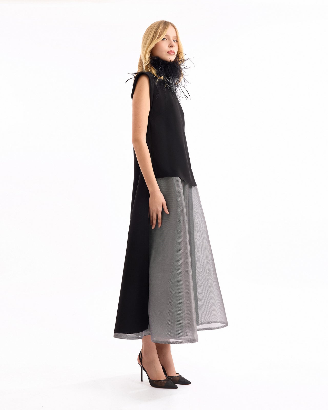 High-Neck Feather Top with Metallic Skirt