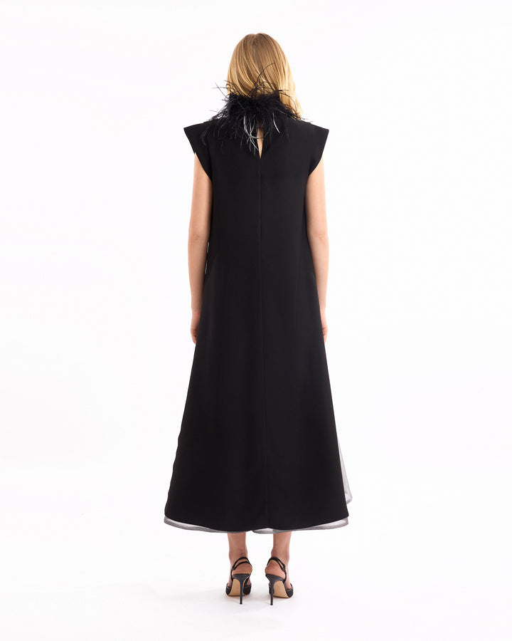 High-Neck Feather Top with Metallic Skirt