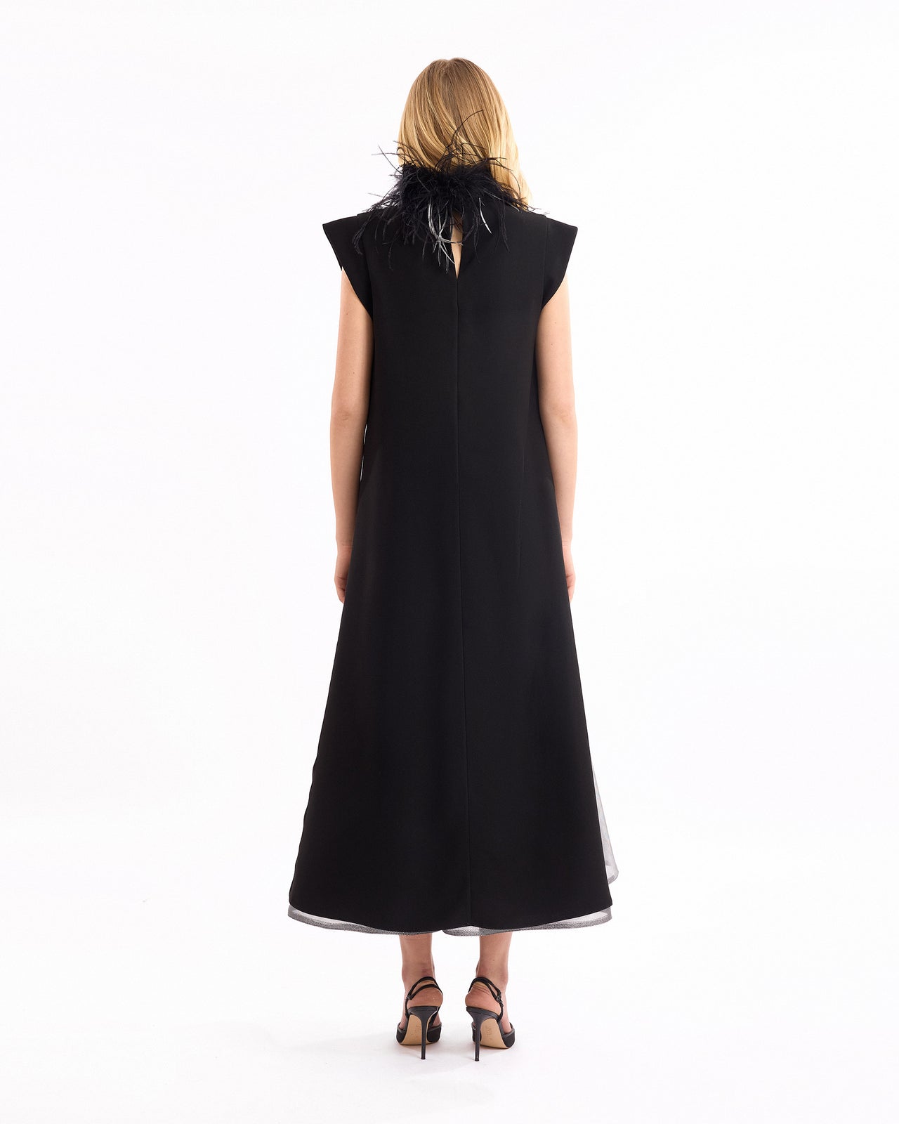 High-Neck Feather Top with Metallic Skirt