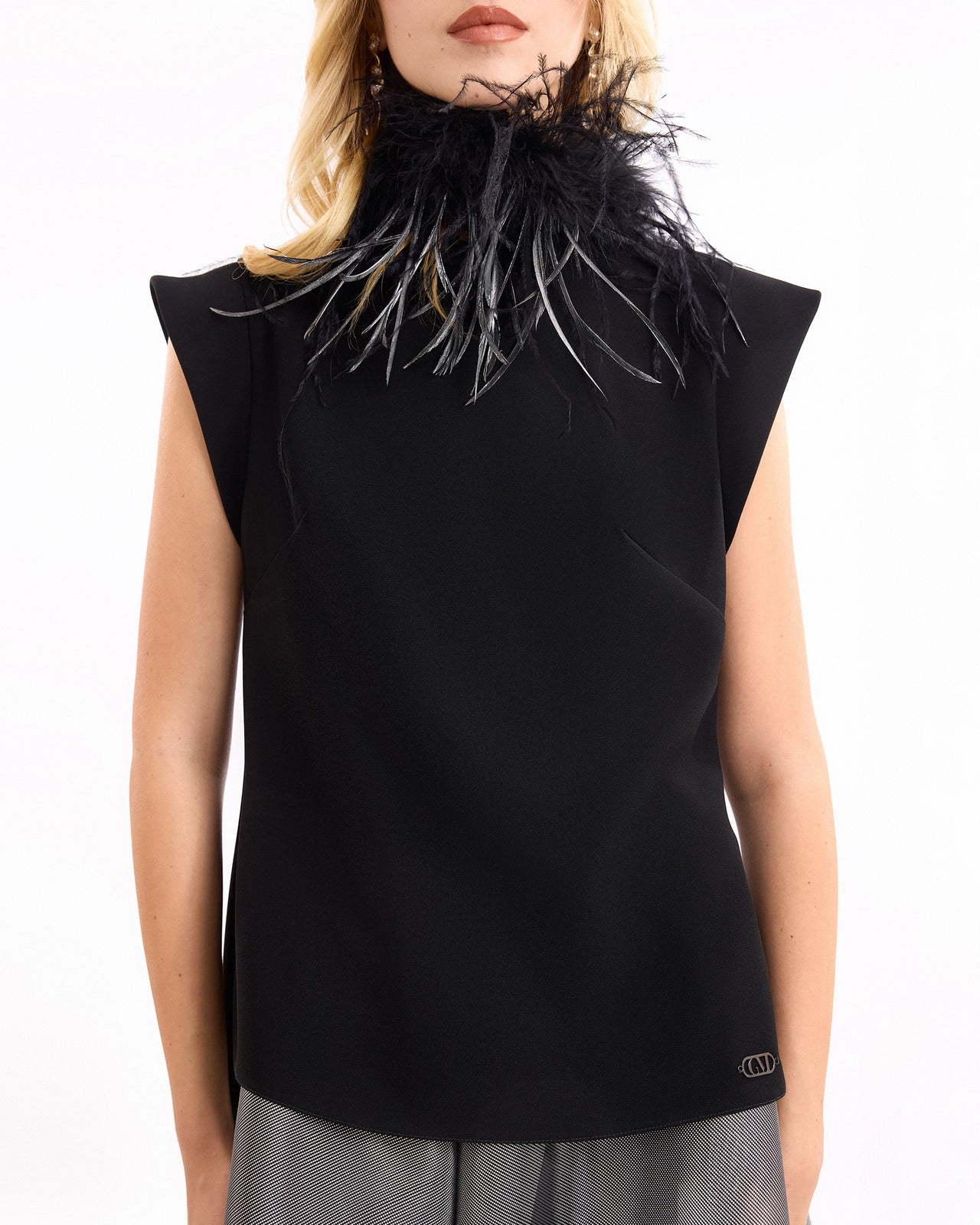 High-Neck Feather Top with Metallic Skirt