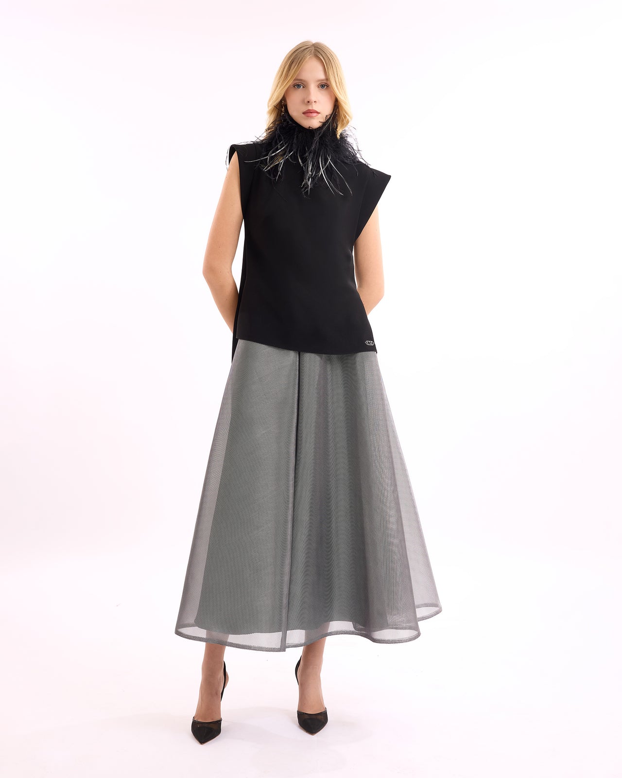 High-Neck Feather Top with Metallic Skirt