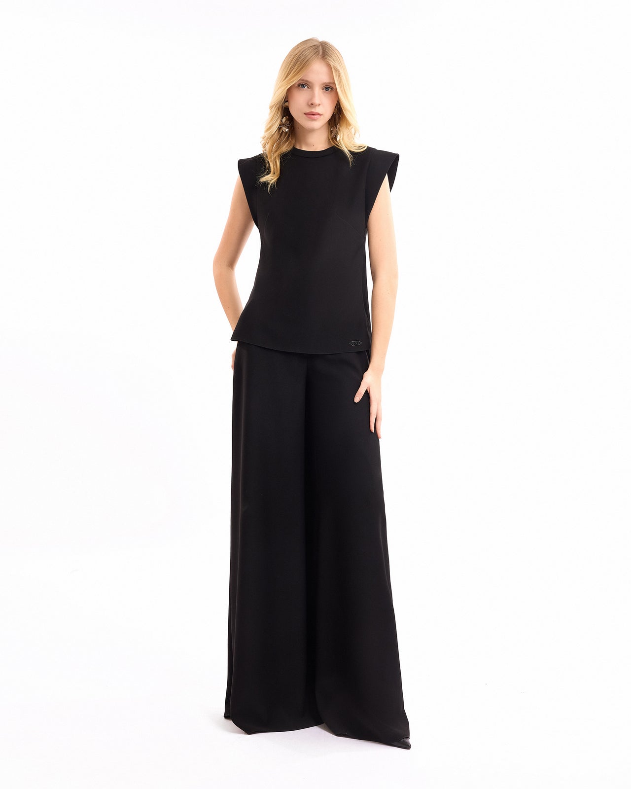 High-Neck Top with Wide-Leg Trousers