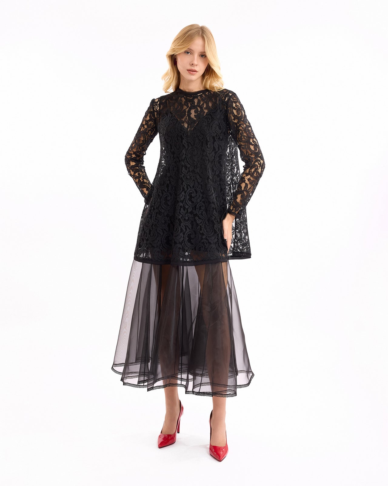 Gemy Maalouf - Gemy Maalouf | Ready-to-wear | Sheer Lace Top with Midi Dress - US6 - Preorder Gemy Maalouf - Gemy Maalouf | Ready-to-wear | Sheer Lace Top with Midi Dress - US6 - Preorder