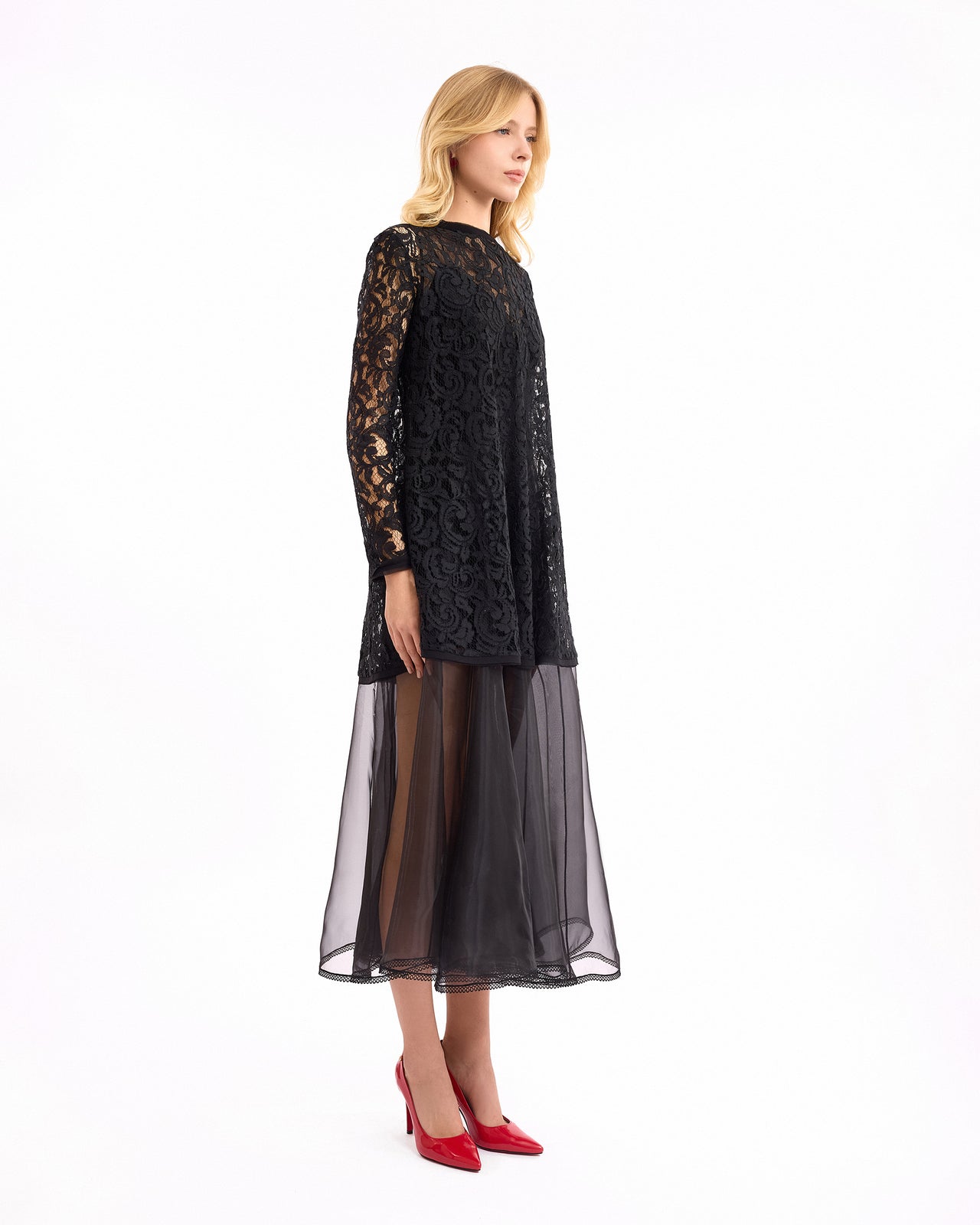 Gemy Maalouf - Gemy Maalouf | Ready-to-wear | Sheer Lace Top with Midi Dress - US6 - Preorder Gemy Maalouf - Gemy Maalouf | Ready-to-wear | Sheer Lace Top with Midi Dress - US6 - Preorder