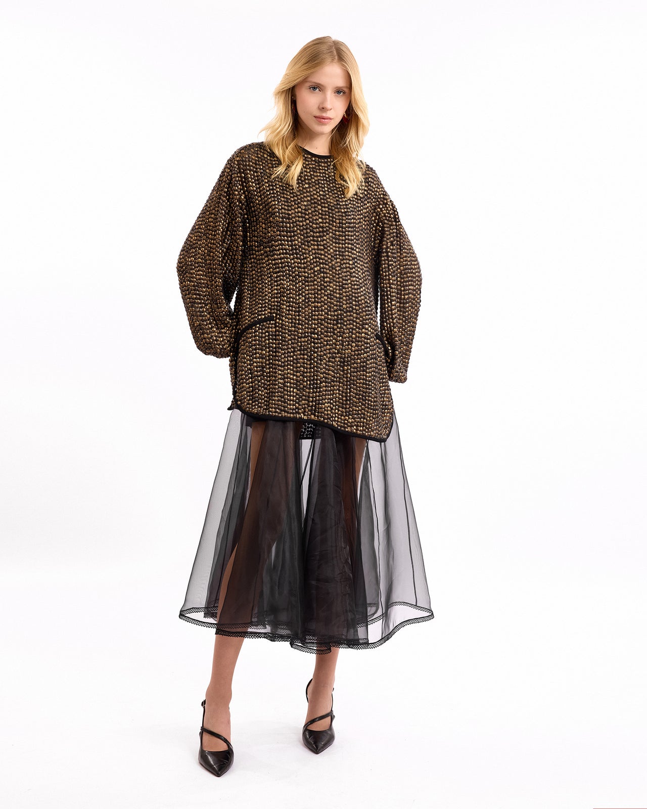 Studded with Organza Midi Dress