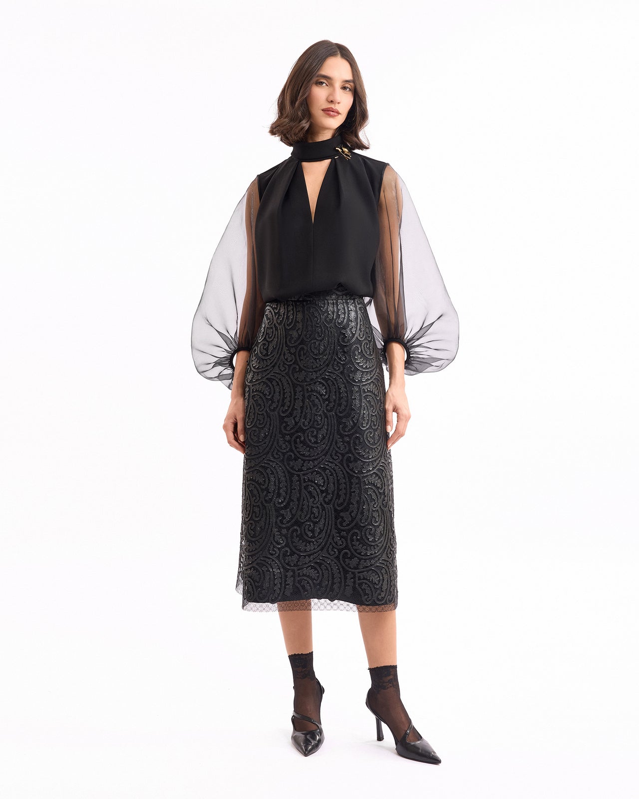 Split V-Neck Lace Set