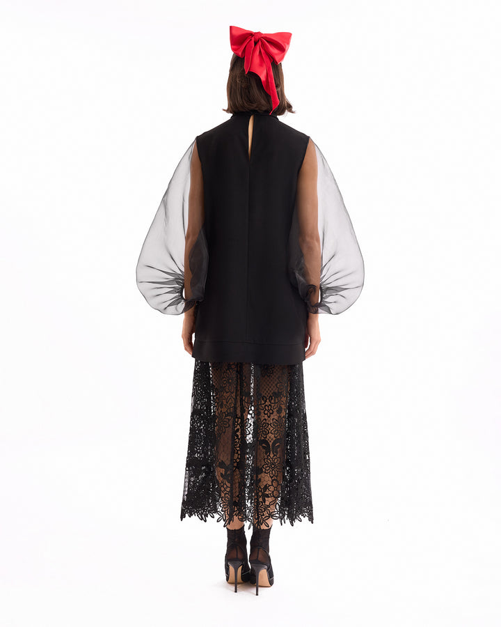 V-Neck Short Dress with Lace Skirt