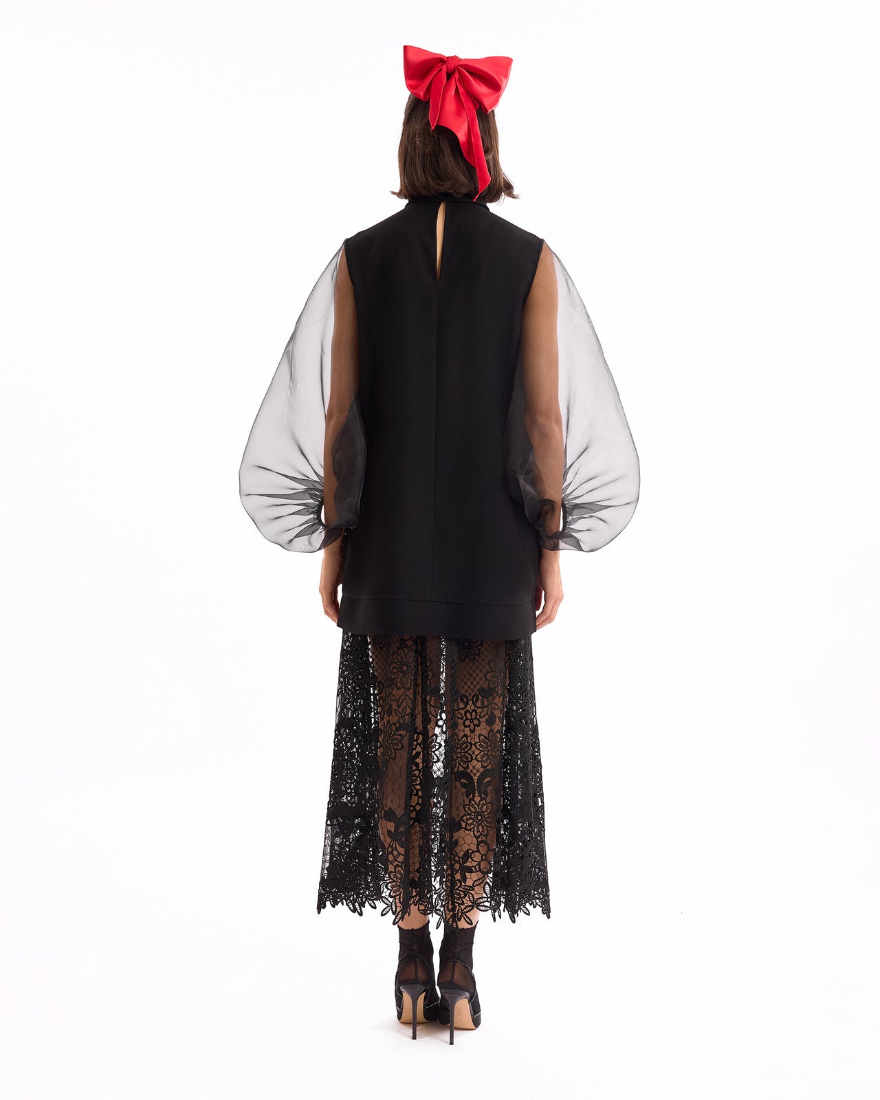 V-Neck Short Dress with Lace Skirt