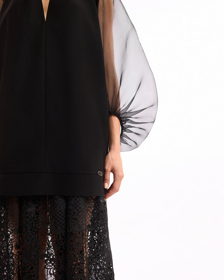 V-Neck Short Dress with Lace Skirt