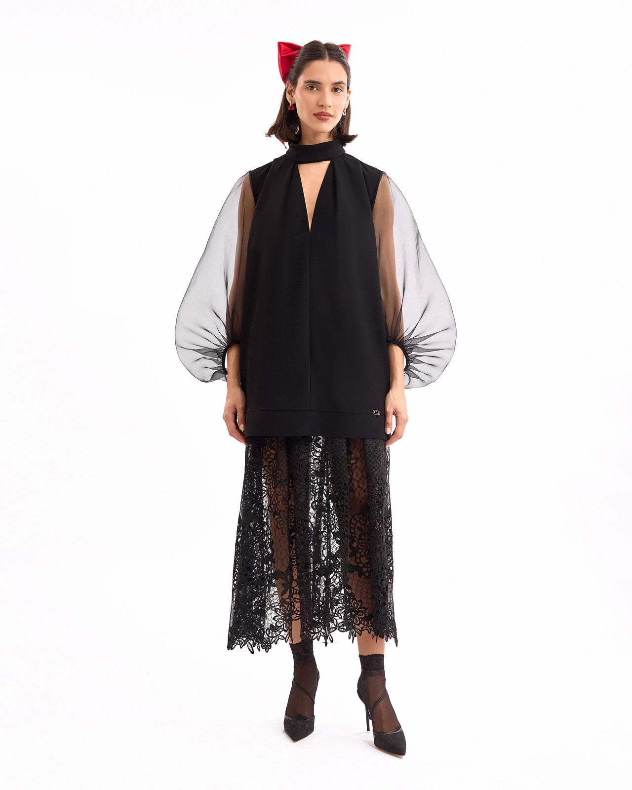 V-Neck Short Dress with Lace Skirt