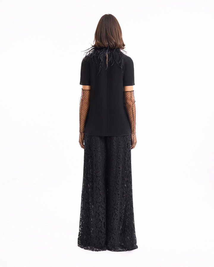 High-Neck Feather Top with Trousers